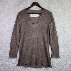 Neetu Malik M Taupe Crochet Knit 100% Linen Long Sleeve V Neck Cut Out Top USA